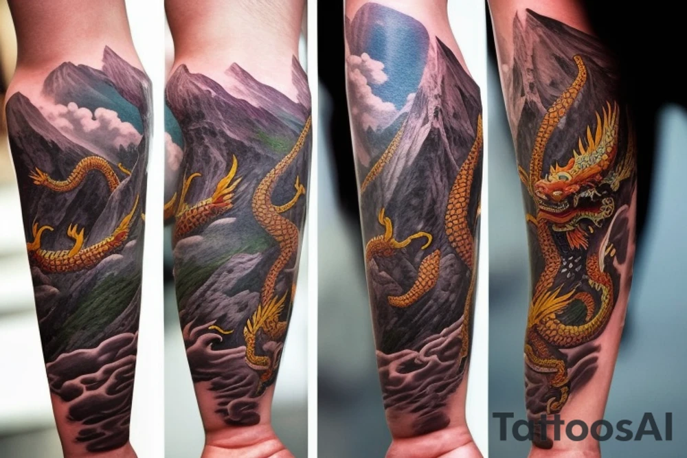 Arm sleeve tattoo featuring japanese dragon that is wrapped around aiguille du midi in chamonix (see https://images.app.goo.gl/RYUNNKAjVmQKEBw89 , https://images.app.goo.gl/w6teereZoZyfaoJW6 , https://images.app.goo.gl/mpeEbDtEkAfNdV379) in the winter time tattoo idea