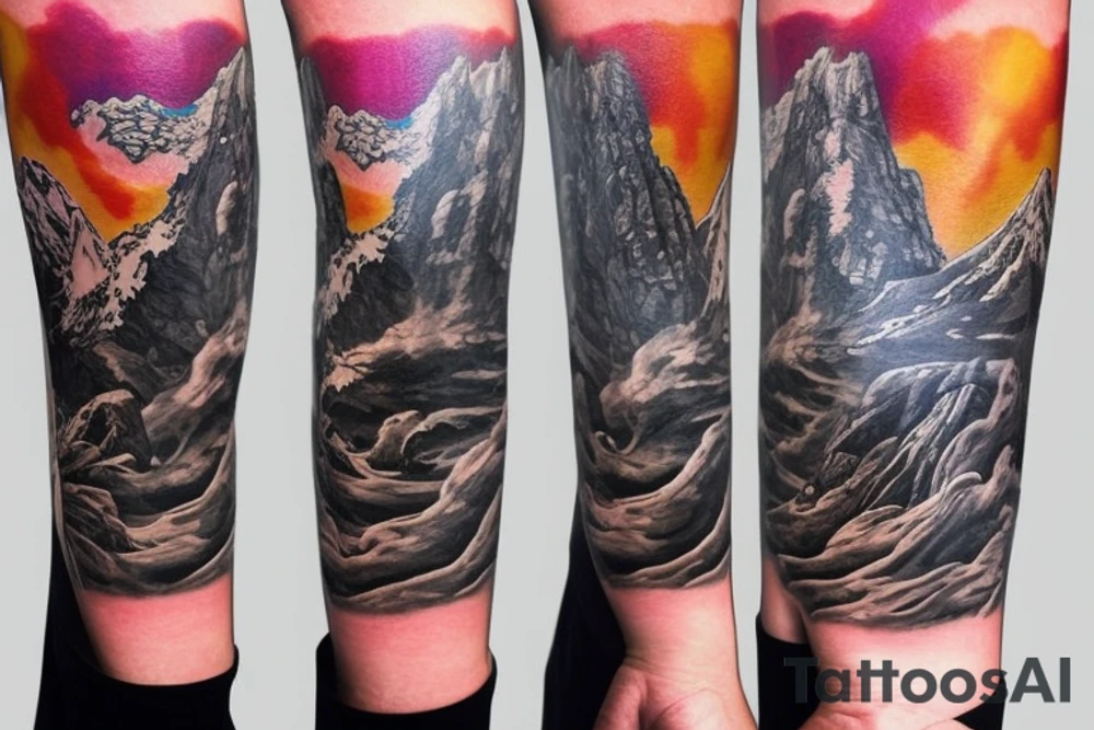 Arm sleeve tattoo featuring an ascending japanese dragon that is wrapped around aiguille du midi in chamonix (see https://images.app.goo.gl/RYUNNKAjVmQKEBw89 , https://images.app.goo.gl/w6teereZoZyfaoJW6 , https://images.app.goo.gl/mpeEbDtEkAfNdV379) in the winter time tattoo idea
