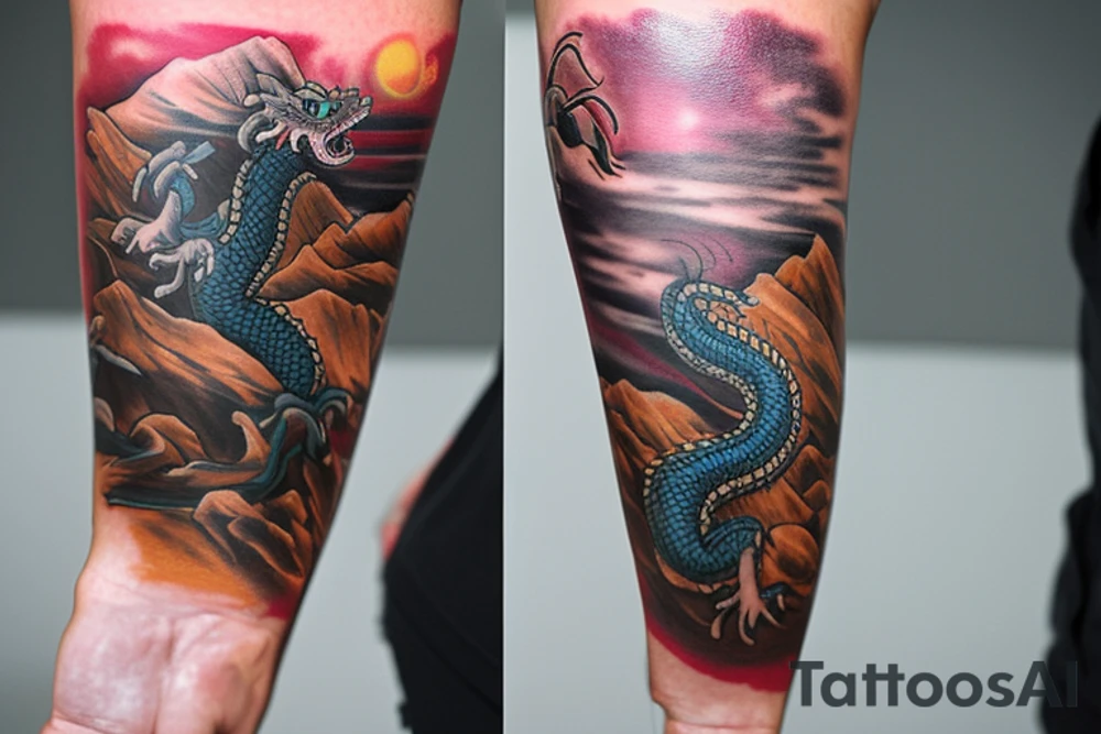 Arm sleeve tattoo featuring an ascending japanese dragon that is wrapped around aiguille du midi in chamonix (see https://images.app.goo.gl/RYUNNKAjVmQKEBw89 , https://images.app.goo.gl/w6teereZoZyfaoJW6 , https://images.app.goo.gl/mpeEbDtEkAfNdV379) in the winter time tattoo idea