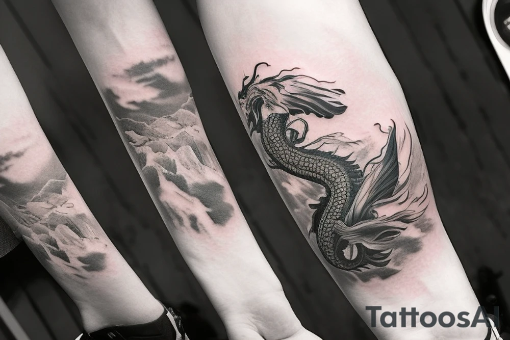 Arm sleeve tattoo featuring an ascending japanese dragon that is wrapped around aiguille du midi in chamonix (see https://images.app.goo.gl/RYUNNKAjVmQKEBw89 , https://images.app.goo.gl/w6teereZoZyfaoJW6 , https://images.app.goo.gl/mpeEbDtEkAfNdV379) in the winter time tattoo idea