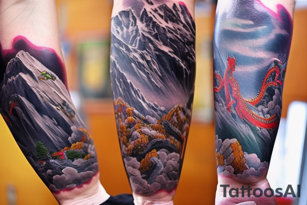 Arm sleeve tattoo featuring an ascending japanese dragon that is wrapped around aiguille du midi in chamonix (see https://images.app.goo.gl/RYUNNKAjVmQKEBw89 , https://images.app.goo.gl/w6teereZoZyfaoJW6 , https://images.app.goo.gl/mpeEbDtEkAfNdV379) in the winter time tattoo idea