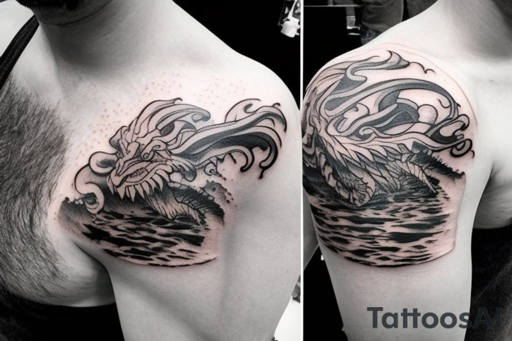 shoulder tattoo featuring an ascending japanese dragon that is wrapped around aiguille du midi in chamonix (see https://images.app.goo.gl/RYUNNKAjVmQKEBw89 , https://images.app.goo.gl/w6teereZoZyfaoJW6 , https://images.app.goo.gl/mpeEbDtEkAfNdV379) in the winter time tattoo idea