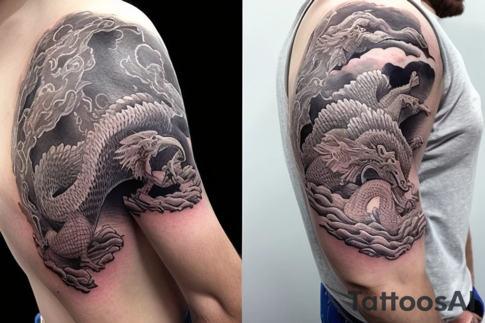 shoulder sleeve tattoo featuring an ascending japanese dragon that is wrapped around aiguille du midi in chamonix (see https://images.app.goo.gl/RYUNNKAjVmQKEBw89 , https://images.app.goo.gl/w6teereZoZyfaoJW6 , https://images.app.goo.gl/mpeEbDtEkAfNdV379) in the winter time tattoo idea