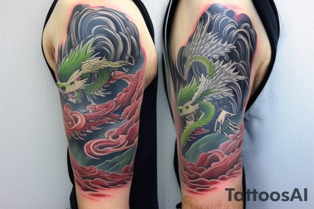 shoulder sleeve tattoo featuring an ascending japanese dragon that is wrapped around aiguille du midi in chamonix (see https://images.app.goo.gl/RYUNNKAjVmQKEBw89 , https://images.app.goo.gl/w6teereZoZyfaoJW6 , https://images.app.goo.gl/mpeEbDtEkAfNdV379) in the winter time tattoo idea