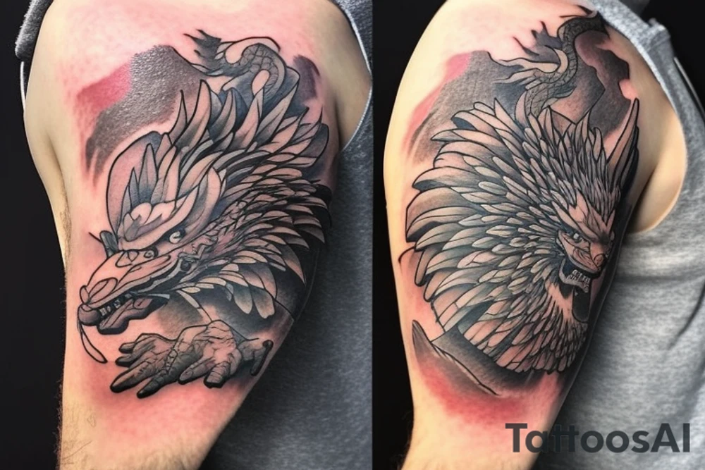 shoulder sleeve tattoo featuring an ascending japanese dragon that is wrapped around aiguille du midi in chamonix (see https://images.app.goo.gl/RYUNNKAjVmQKEBw89 , https://images.app.goo.gl/w6teereZoZyfaoJW6 , https://images.app.goo.gl/mpeEbDtEkAfNdV379) 
winter time
surreal negative space
dragon to be moving upwards tattoo idea