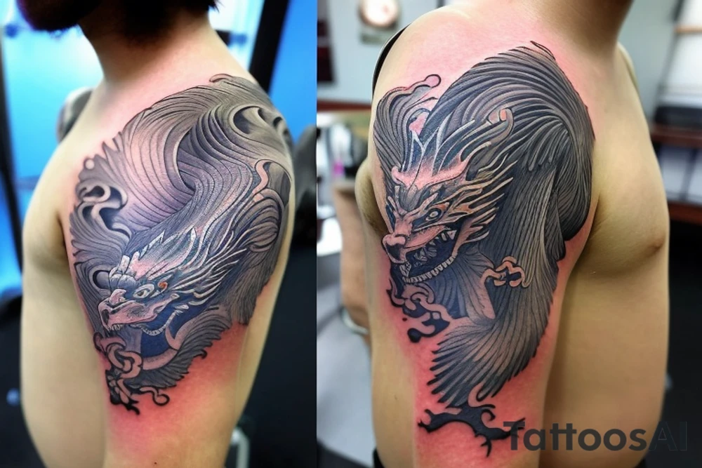 shoulder sleeve tattoo featuring an ascending japanese dragon that is wrapped around aiguille du midi in chamonix (see https://images.app.goo.gl/RYUNNKAjVmQKEBw89 , https://images.app.goo.gl/w6teereZoZyfaoJW6 , https://images.app.goo.gl/mpeEbDtEkAfNdV379) 
winter time
surreal negative space
dragon to be moving upwards tattoo idea