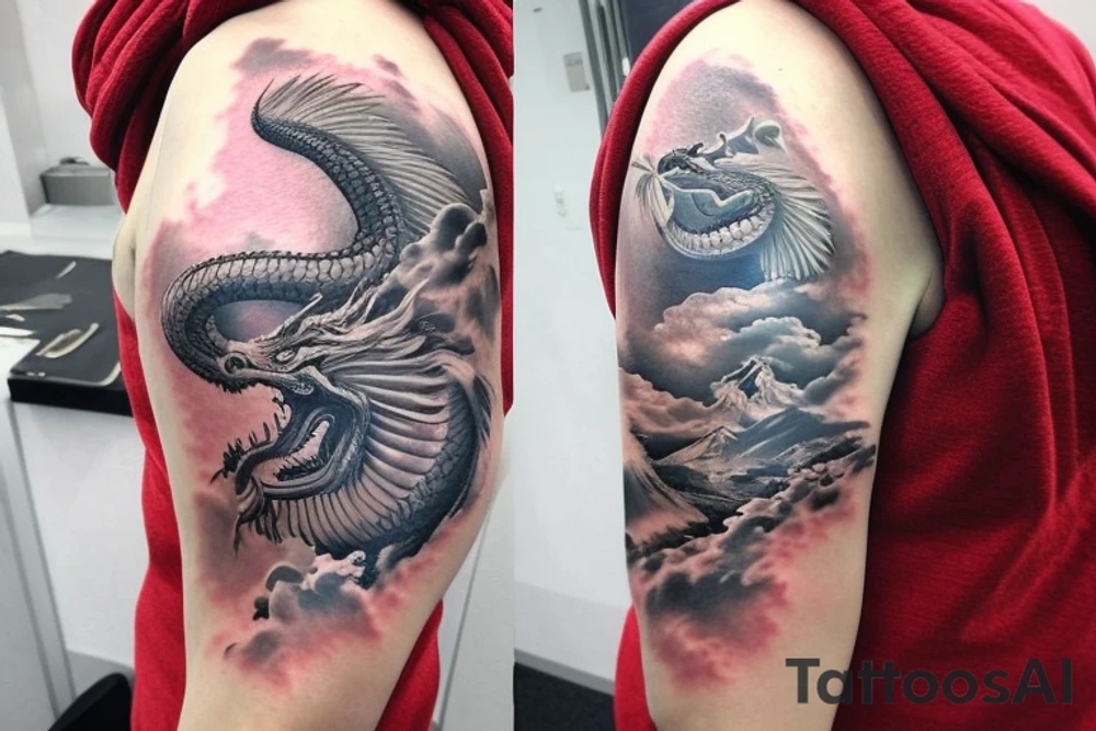 shoulder sleeve tattoo featuring an ascending japanese dragon that is wrapped around aiguille du midi in chamonix (see https://images.app.goo.gl/RYUNNKAjVmQKEBw89 , https://images.app.goo.gl/w6teereZoZyfaoJW6 , https://images.app.goo.gl/mpeEbDtEkAfNdV379) 
winter time
surreal negative space
dragon to be moving upwards tattoo idea