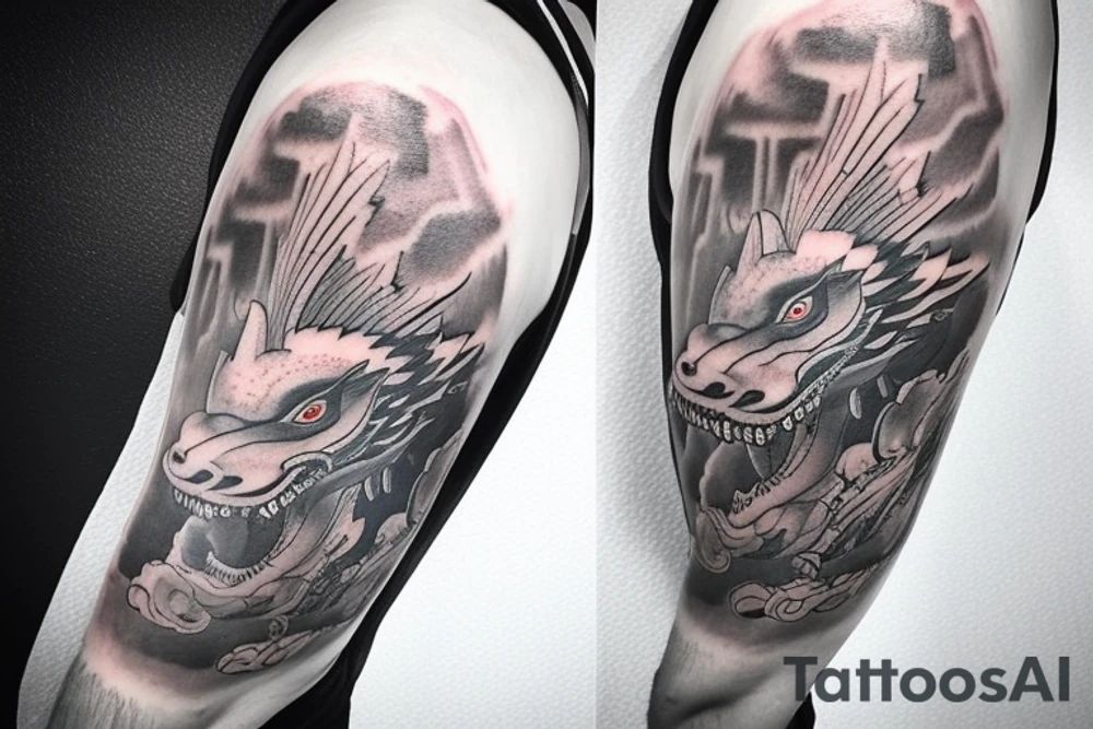 shoulder sleeve tattoo featuring an ascending japanese dragon that is wrapped around aiguille du midi in chamonix (see https://images.app.goo.gl/RYUNNKAjVmQKEBw89 , https://images.app.goo.gl/w6teereZoZyfaoJW6 , https://images.app.goo.gl/mpeEbDtEkAfNdV379) 
winter time
surreal negative space
dragon to be moving upwards tattoo idea