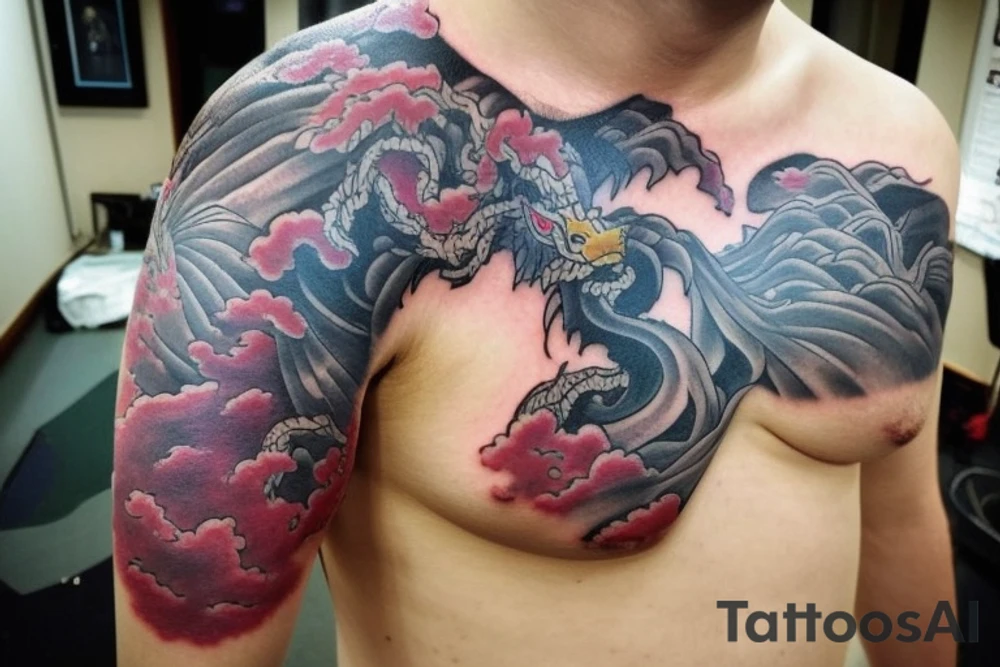 shoulder sleeve tattoo featuring an ascending japanese dragon that is wrapped around aiguille du midi in chamonix (see https://images.app.goo.gl/RYUNNKAjVmQKEBw89 , https://images.app.goo.gl/w6teereZoZyfaoJW6 , https://images.app.goo.gl/mpeEbDtEkAfNdV379) 
winter time
surreal negative space
dragon to be moving upwards tattoo idea