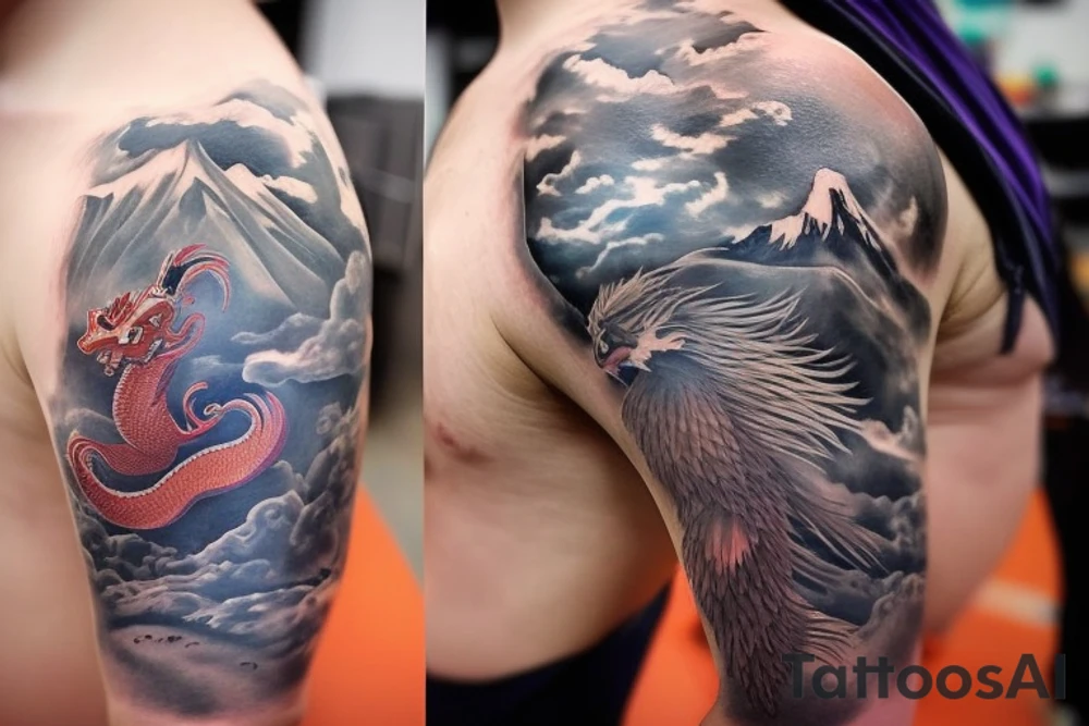 shoulder sleeve tattoo featuring an ascending japanese dragon that is wrapped around aiguille du midi in chamonix (see https://images.app.goo.gl/RYUNNKAjVmQKEBw89 , https://images.app.goo.gl/w6teereZoZyfaoJW6 , https://images.app.goo.gl/mpeEbDtEkAfNdV379) 
winter time
trippy
dragon to be moving upwards tattoo idea