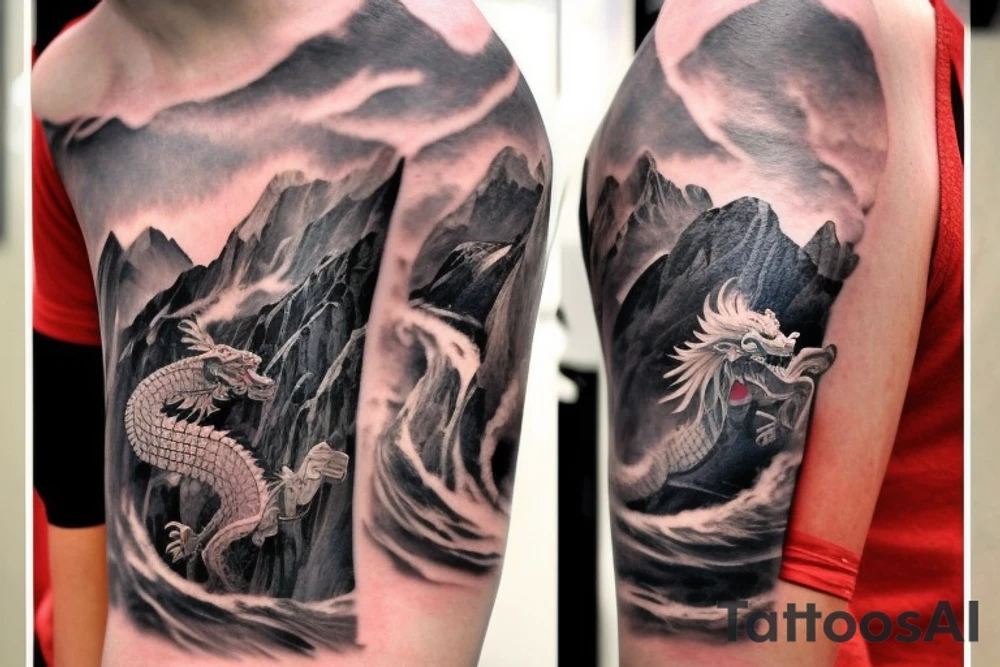 shoulder sleeve tattoo featuring an ascending japanese dragon that is wrapped around aiguille du midi in chamonix (see https://images.app.goo.gl/RYUNNKAjVmQKEBw89 , https://images.app.goo.gl/w6teereZoZyfaoJW6 , https://images.app.goo.gl/mpeEbDtEkAfNdV379) 
winter time
trippy
dragon to be moving upwards tattoo idea