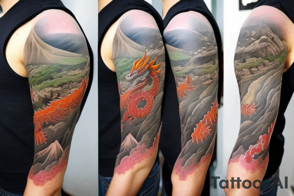 shoulder sleeve tattoo featuring an ascending japanese dragon that is wrapped around aiguille du midi in chamonix (see https://images.app.goo.gl/RYUNNKAjVmQKEBw89 , https://images.app.goo.gl/w6teereZoZyfaoJW6 , https://images.app.goo.gl/mpeEbDtEkAfNdV379) 
winter
trippy
acid
dragon to be moving upwards tattoo idea