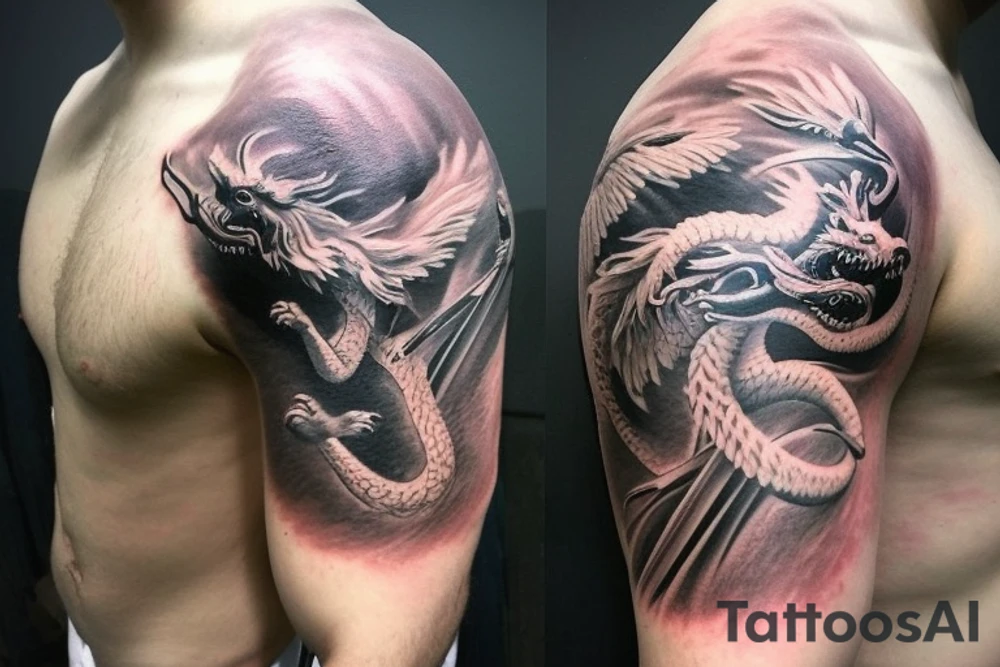 shoulder sleeve tattoo featuring an ascending japanese dragon that is wrapped around aiguille du midi in chamonix (see https://images.app.goo.gl/RYUNNKAjVmQKEBw89 , https://images.app.goo.gl/w6teereZoZyfaoJW6 , https://images.app.goo.gl/mpeEbDtEkAfNdV379) 
winter
trippy
acid
dragon to be moving upwards tattoo idea