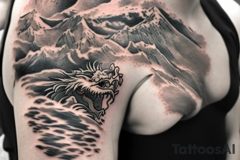 shoulder sleeve tattoo featuring an ascending japanese dragon that is wrapped around aiguille du midi in chamonix (see https://images.app.goo.gl/RYUNNKAjVmQKEBw89 , https://images.app.goo.gl/w6teereZoZyfaoJW6 , https://images.app.goo.gl/mpeEbDtEkAfNdV379) 
winter
trippy
acid
dragon to be moving upwards tattoo idea