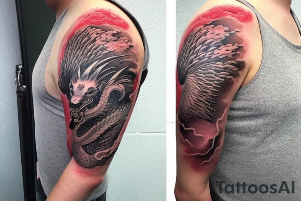 shoulder sleeve tattoo featuring an ascending japanese dragon that is wrapped around aiguille du midi in chamonix (see https://images.app.goo.gl/RYUNNKAjVmQKEBw89 , https://images.app.goo.gl/w6teereZoZyfaoJW6 , https://images.app.goo.gl/mpeEbDtEkAfNdV379) 
winter
trippy
acid
dragon to be moving upwards tattoo idea