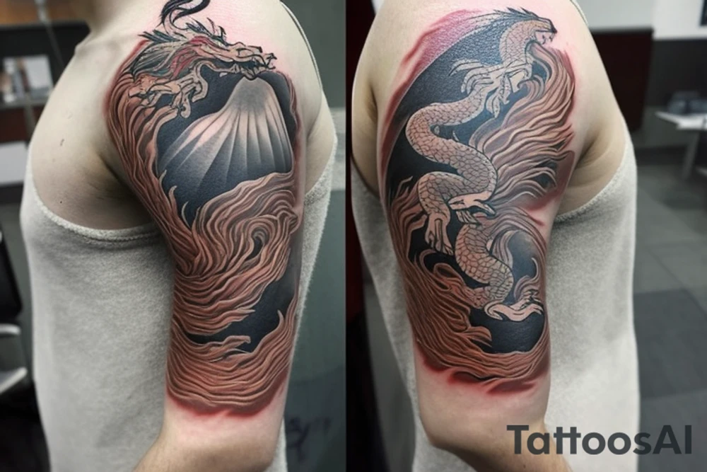 shoulder sleeve tattoo featuring an ascending japanese dragon that is wrapped around aiguille du midi in chamonix (see https://images.app.goo.gl/RYUNNKAjVmQKEBw89 , https://images.app.goo.gl/w6teereZoZyfaoJW6 , https://images.app.goo.gl/mpeEbDtEkAfNdV379) 
winter
trippy
acid
dragon to be moving upwards tattoo idea
