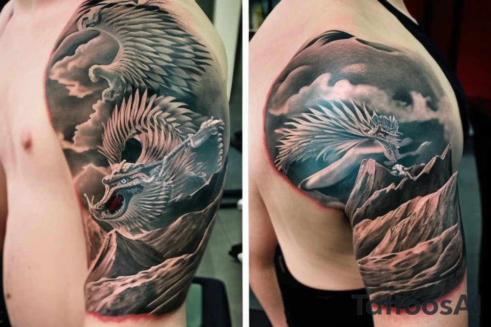 shoulder sleeve tattoo featuring an ascending japanese dragon that is wrapped around aiguille du midi in chamonix (see https://images.app.goo.gl/RYUNNKAjVmQKEBw89 , https://images.app.goo.gl/w6teereZoZyfaoJW6 , https://images.app.goo.gl/mpeEbDtEkAfNdV379) 
winter
trippy
acid
dragon to be moving upwards tattoo idea