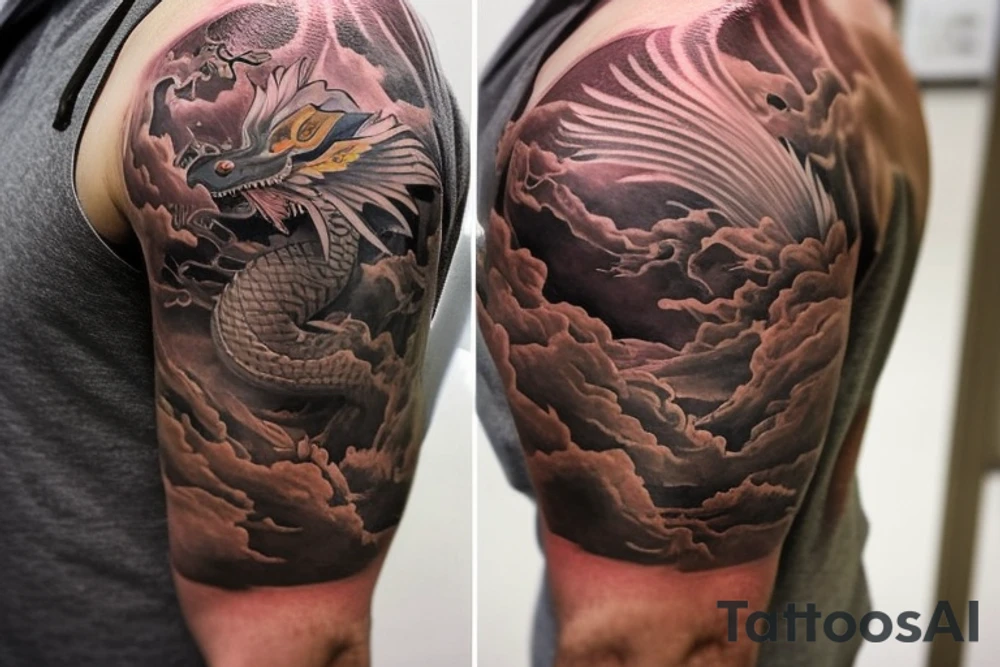 shoulder sleeve tattoo featuring an ascending japanese dragon that is wrapped around aiguille du midi in chamonix (see https://images.app.goo.gl/RYUNNKAjVmQKEBw89 , https://images.app.goo.gl/w6teereZoZyfaoJW6 , https://images.app.goo.gl/mpeEbDtEkAfNdV379) 
winter
trippy
acid
dragon to be moving upwards tattoo idea