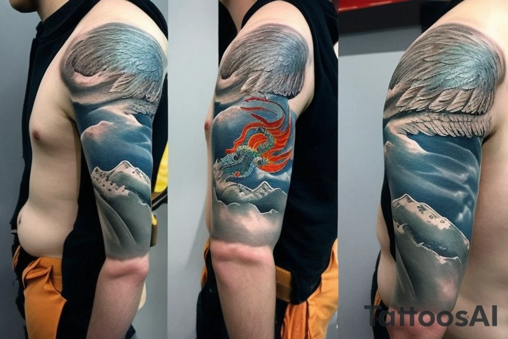 shoulder sleeve tattoo featuring an ascending japanese dragon that is wrapped around aiguille du midi in chamonix (see https://images.app.goo.gl/RYUNNKAjVmQKEBw89 , https://images.app.goo.gl/w6teereZoZyfaoJW6 , https://images.app.goo.gl/mpeEbDtEkAfNdV379) 
winter
trippy
acid
dragon to be moving upwards tattoo idea