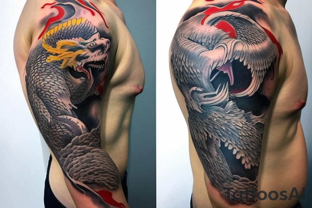 shoulder sleeve tattoo featuring an ascending japanese dragon that is wrapped around aiguille du midi in chamonix (see https://images.app.goo.gl/RYUNNKAjVmQKEBw89 , https://images.app.goo.gl/w6teereZoZyfaoJW6 , https://images.app.goo.gl/mpeEbDtEkAfNdV379) 
winter
trippy
acid
dragon to be moving upwards tattoo idea