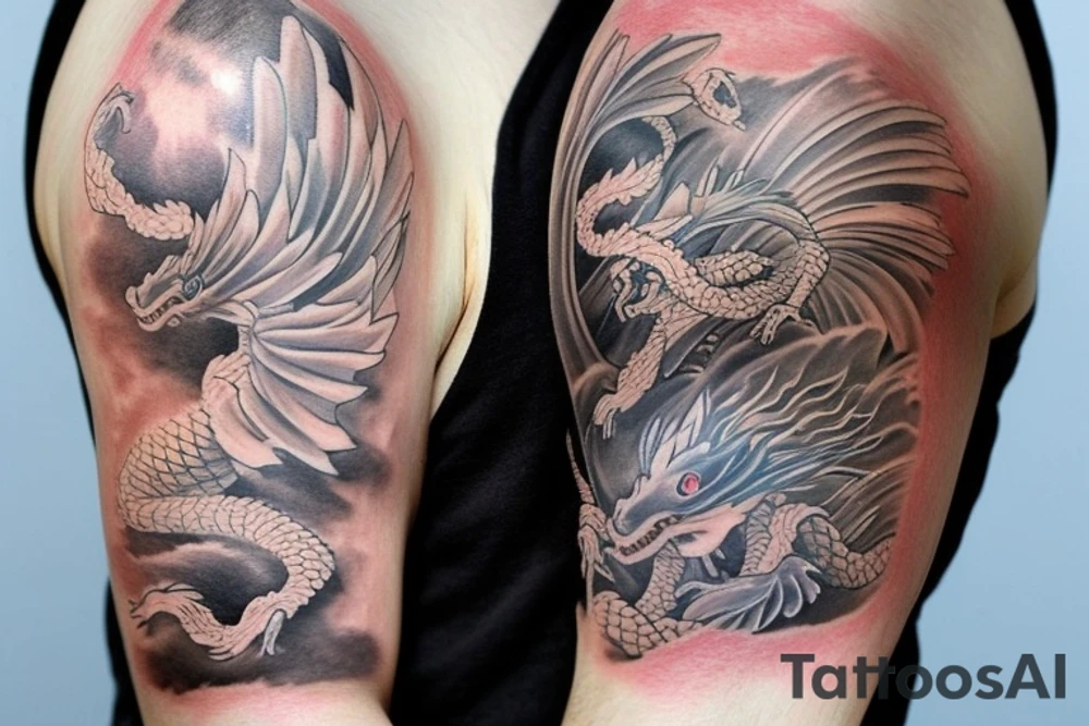 shoulder sleeve tattoo featuring an ascending japanese dragon that is wrapped around aiguille du midi in chamonix (see https://images.app.goo.gl/RYUNNKAjVmQKEBw89 , https://images.app.goo.gl/w6teereZoZyfaoJW6 , https://images.app.goo.gl/mpeEbDtEkAfNdV379) 
winter
trippy
acid
dragon to be moving upwards tattoo idea