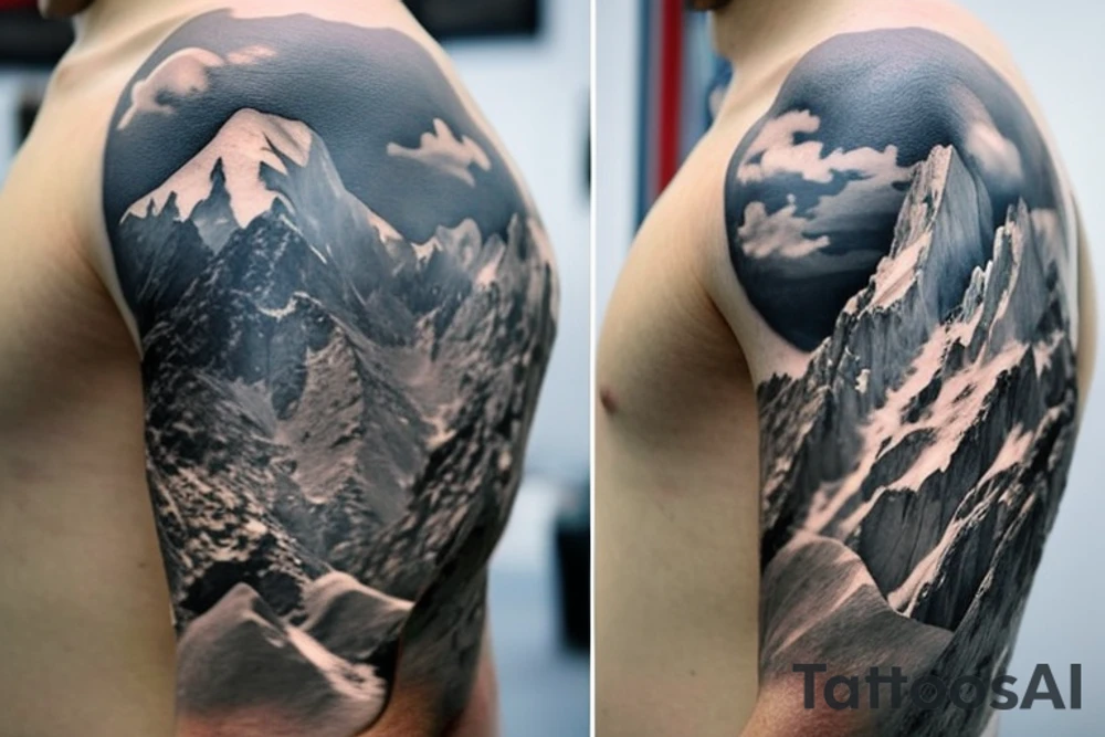 shoulder sleeve tattoo featuring an ascending japanese dragon that is wrapped around aiguille du midi in Chamonix (see https://images.app.goo.gl/RYUNNKAjVmQKEBw89 , https://images.app.goo.gl/w6teereZoZyfaoJW6 , https://images.app.goo.gl/mpeEbDtEkAfNdV379) 
winter
trippy
dragon to be moving upwards tattoo idea