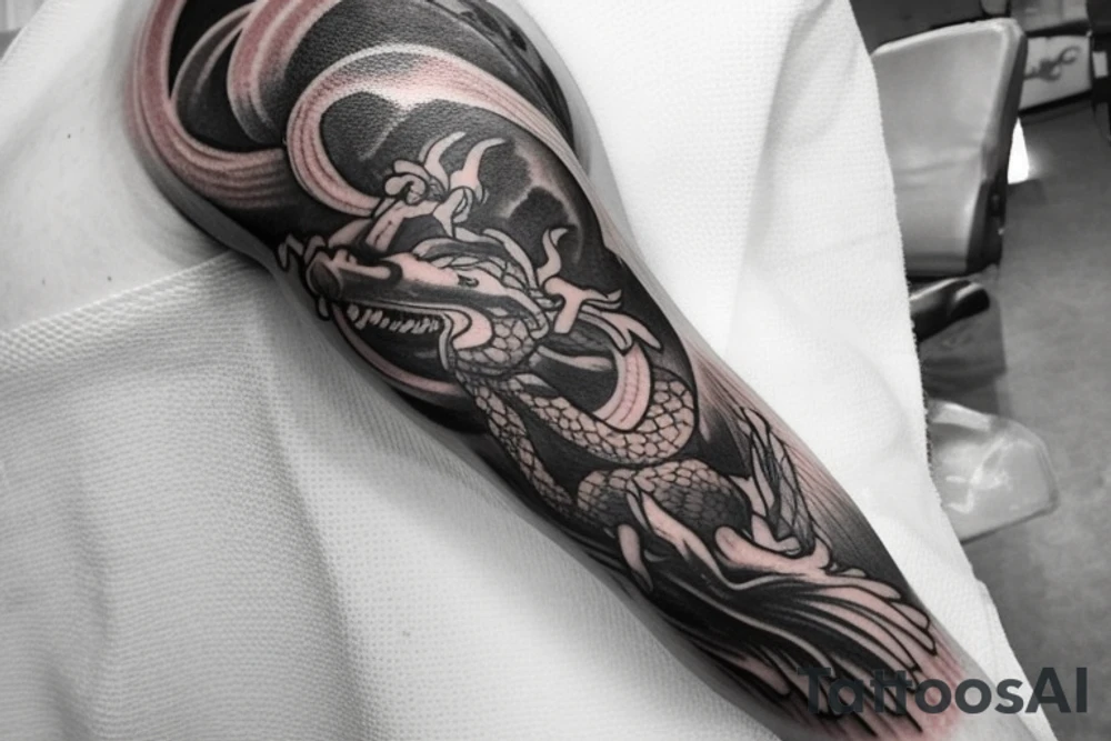 shoulder sleeve tattoo featuring an ascending japanese dragon that is wrapped around aiguille du midi in Chamonix (see https://images.app.goo.gl/RYUNNKAjVmQKEBw89 , https://images.app.goo.gl/w6teereZoZyfaoJW6 , https://images.app.goo.gl/mpeEbDtEkAfNdV379) 
winter
trippy
dragon to be moving upwards tattoo idea