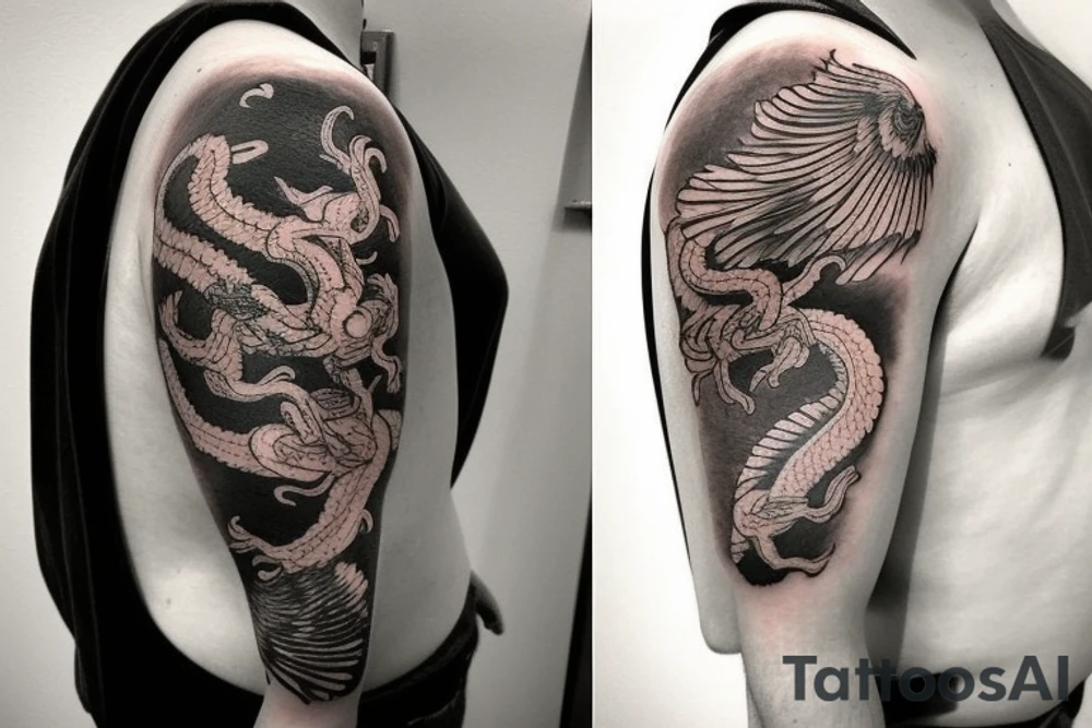 shoulder sleeve tattoo featuring an ascending japanese dragon that is wrapped around aiguille du midi in Chamonix (see https://images.app.goo.gl/RYUNNKAjVmQKEBw89 , https://images.app.goo.gl/w6teereZoZyfaoJW6 , https://images.app.goo.gl/mpeEbDtEkAfNdV379) 
winter
trippy
dragon to be moving upwards tattoo idea