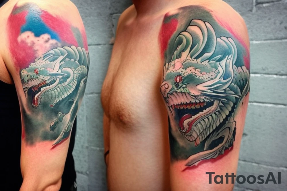 shoulder sleeve tattoo featuring an ascending japanese dragon that is wrapped around aiguille du midi in Chamonix (see https://images.app.goo.gl/RYUNNKAjVmQKEBw89 , https://images.app.goo.gl/w6teereZoZyfaoJW6 , https://images.app.goo.gl/mpeEbDtEkAfNdV379) 
winter
trippy
dragon to be moving upwards tattoo idea