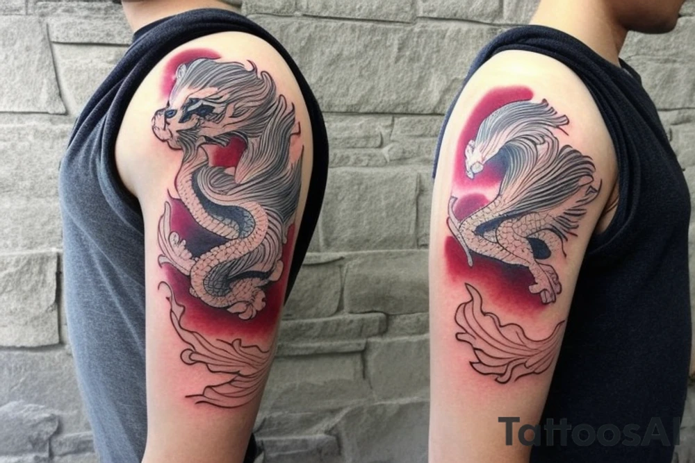 shoulder sleeve tattoo featuring an ascending japanese dragon that is wrapped around aiguille du midi in Chamonix (see https://images.app.goo.gl/RYUNNKAjVmQKEBw89 , https://images.app.goo.gl/w6teereZoZyfaoJW6 , https://images.app.goo.gl/mpeEbDtEkAfNdV379) 
winter
trippy
dragon to be moving upwards tattoo idea