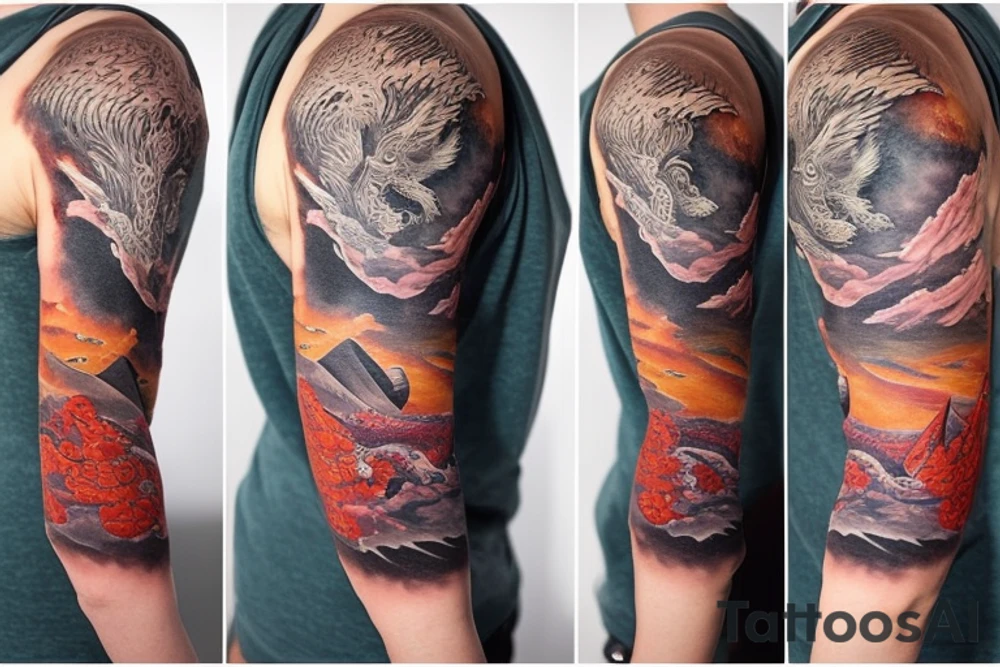 shoulder sleeve tattoo featuring an ascending japanese dragon that is wrapped around aiguille du midi in Chamonix (see https://images.app.goo.gl/RYUNNKAjVmQKEBw89 , https://images.app.goo.gl/w6teereZoZyfaoJW6 , https://images.app.goo.gl/mpeEbDtEkAfNdV379) 
winter
trippy
dragon to be moving upwards tattoo idea