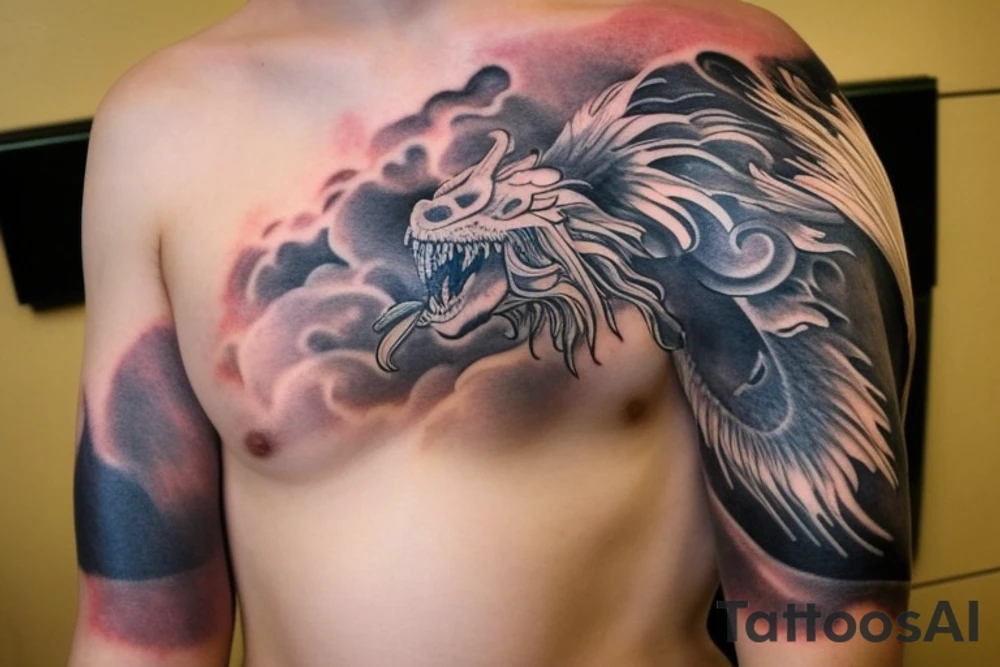 shoulder sleeve tattoo featuring an ascending japanese dragon that is wrapped around aiguille du midi in Chamonix (see https://images.app.goo.gl/RYUNNKAjVmQKEBw89 , https://images.app.goo.gl/w6teereZoZyfaoJW6 , https://images.app.goo.gl/mpeEbDtEkAfNdV379) 
winter
trippy
dragon to be moving upwards tattoo idea