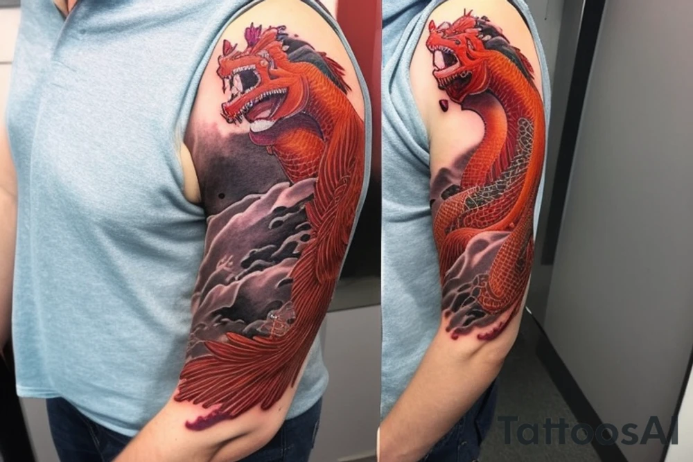 shoulder sleeve tattoo featuring an ascending japanese dragon that is wrapped around aiguille du midi in Chamonix (see https://images.app.goo.gl/RYUNNKAjVmQKEBw89 , https://images.app.goo.gl/w6teereZoZyfaoJW6 , https://images.app.goo.gl/mpeEbDtEkAfNdV379) 
winter
trippy
dragon to be moving upwards tattoo idea