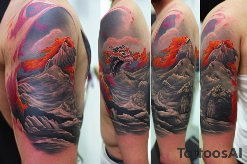 shoulder sleeve tattoo featuring an ascending japanese dragon that is wrapped around aiguille du midi in Chamonix (see https://images.app.goo.gl/RYUNNKAjVmQKEBw89 , https://images.app.goo.gl/w6teereZoZyfaoJW6 , https://images.app.goo.gl/mpeEbDtEkAfNdV379) 
winter
trippy
dragon to be moving upwards tattoo idea