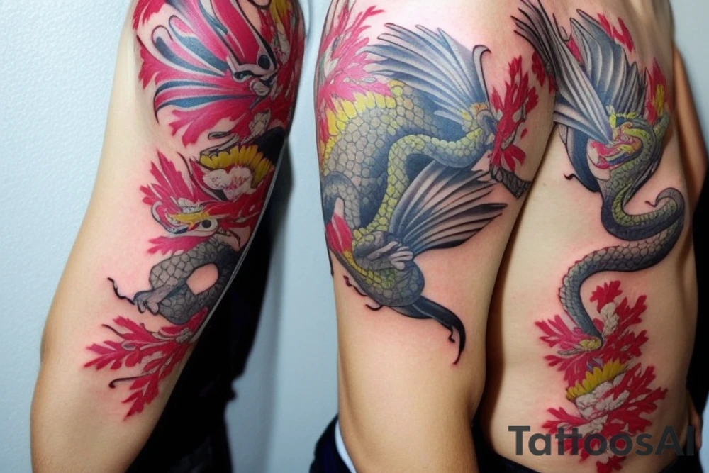 shoulder sleeve tattoo featuring an ascending japanese dragon that is wrapped around aiguille du midi in Chamonix (see https://images.app.goo.gl/RYUNNKAjVmQKEBw89 , https://images.app.goo.gl/w6teereZoZyfaoJW6 , https://images.app.goo.gl/mpeEbDtEkAfNdV379) 
winter
trippy
dragon to be moving upwards tattoo idea