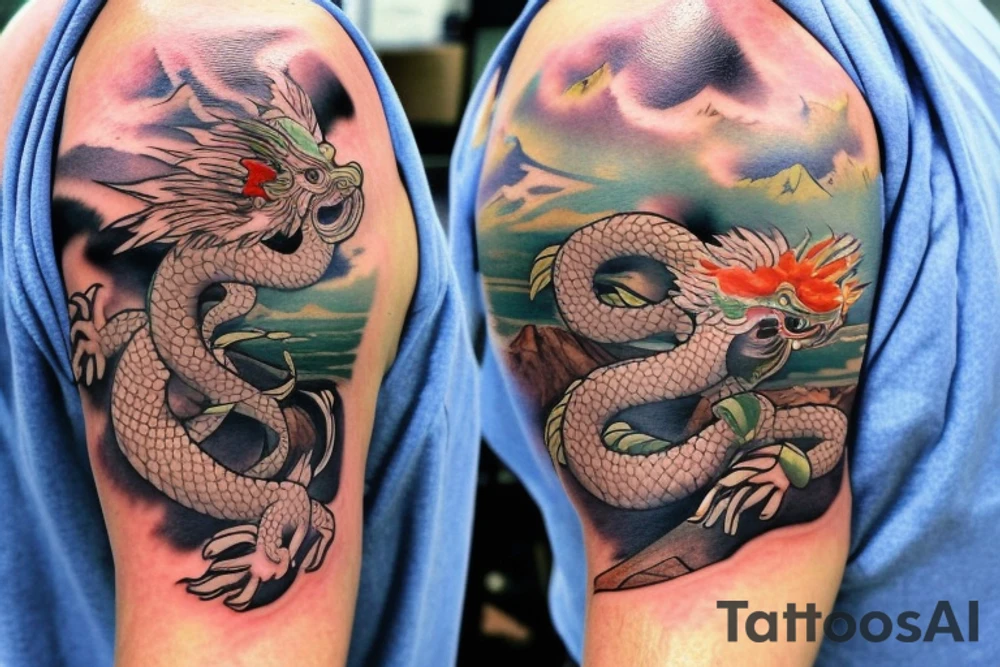 shoulder sleeve tattoo featuring an ascending japanese dragon that is wrapped around aiguille du midi in Chamonix (see https://images.app.goo.gl/RYUNNKAjVmQKEBw89 , https://images.app.goo.gl/w6teereZoZyfaoJW6 , https://images.app.goo.gl/mpeEbDtEkAfNdV379) 
winter
trippy
dragon to be moving upwards tattoo idea