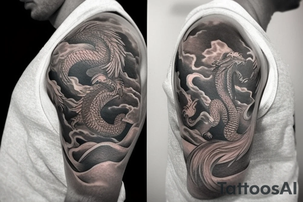 shoulder sleeve tattoo featuring an ascending japanese dragon that is wrapped around aiguille du midi in Chamonix (see https://images.app.goo.gl/RYUNNKAjVmQKEBw89 , https://images.app.goo.gl/w6teereZoZyfaoJW6 , https://images.app.goo.gl/mpeEbDtEkAfNdV379) 
winter
trippy
dragon to be moving upwards tattoo idea