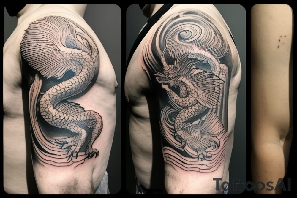 shoulder sleeve tattoo featuring an ascending Japanese dragon that is wrapped around the mountain aiguille du midi in Chamonix (see https://images.app.goo.gl/RYUNNKAjVmQKEBw89 , https://images.app.goo.gl/w6teereZoZyfaoJW6 , https://images.app.goo.gl/mpeEbDtEkAfNdV379) 
winter
trippy
dragon to be moving upwards tattoo idea