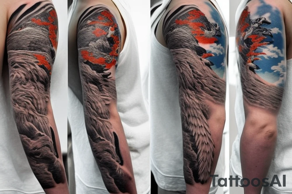 shoulder sleeve tattoo featuring an ascending Japanese dragon that is wrapped around the mountain aiguille du midi in Chamonix (see https://images.app.goo.gl/RYUNNKAjVmQKEBw89 , https://images.app.goo.gl/w6teereZoZyfaoJW6 , https://images.app.goo.gl/mpeEbDtEkAfNdV379) 
winter
trippy
dragon to be moving upwards tattoo idea