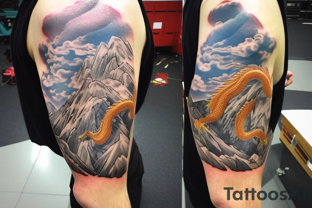 shoulder sleeve tattoo featuring an ascending Japanese dragon that is wrapped around the mountain aiguille du midi in Chamonix (see https://images.app.goo.gl/RYUNNKAjVmQKEBw89 , https://images.app.goo.gl/w6teereZoZyfaoJW6 , https://images.app.goo.gl/mpeEbDtEkAfNdV379) 
winter
trippy
dragon to be moving upwards tattoo idea