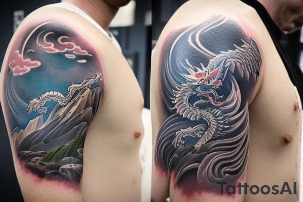 shoulder sleeve tattoo featuring an ascending Japanese dragon that is wrapped around the mountain aiguille du midi in Chamonix (see https://images.app.goo.gl/RYUNNKAjVmQKEBw89 , https://images.app.goo.gl/w6teereZoZyfaoJW6 , https://images.app.goo.gl/mpeEbDtEkAfNdV379) 
winter
trippy
dragon to be moving upwards tattoo idea