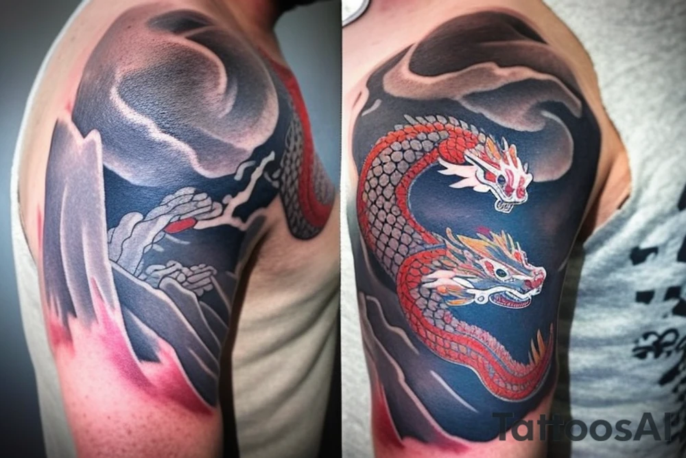 shoulder sleeve tattoo featuring an ascending Japanese dragon that is wrapped around the mountain aiguille du midi in Chamonix (see https://images.app.goo.gl/RYUNNKAjVmQKEBw89 , https://images.app.goo.gl/w6teereZoZyfaoJW6 , https://images.app.goo.gl/mpeEbDtEkAfNdV379) 
winter
trippy
dragon to be moving upwards tattoo idea