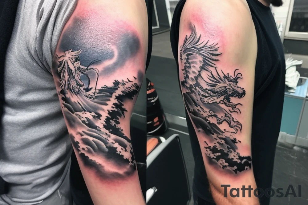 shoulder sleeve tattoo featuring an ascending Japanese dragon that is wrapped around the mountain aiguille du midi in Chamonix (see https://images.app.goo.gl/RYUNNKAjVmQKEBw89 , https://images.app.goo.gl/w6teereZoZyfaoJW6 , https://images.app.goo.gl/mpeEbDtEkAfNdV379) 
winter
trippy
dragon to be moving upwards
Black line scratch marks from feet
Wavey mountains tattoo idea