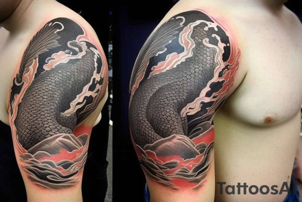 shoulder sleeve tattoo featuring an ascending Japanese dragon that is wrapped around the mountain aiguille du midi in Chamonix (see https://images.app.goo.gl/RYUNNKAjVmQKEBw89 , https://images.app.goo.gl/w6teereZoZyfaoJW6 , https://images.app.goo.gl/mpeEbDtEkAfNdV379) 
winter
trippy
dragon to be moving upwards
Black line scratch marks from feet
Wavey mountains tattoo idea