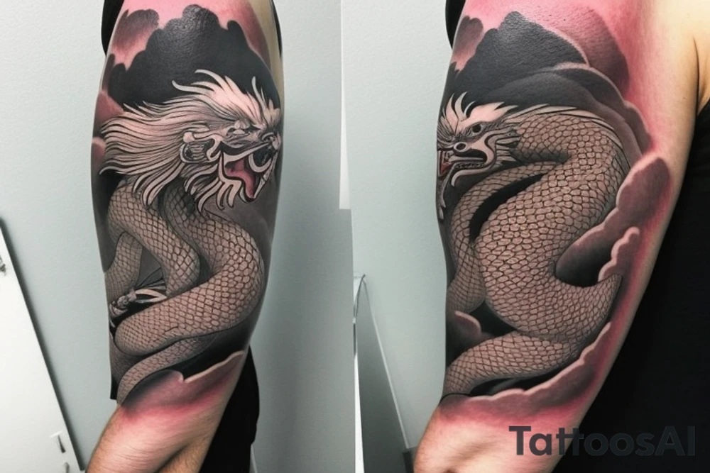 shoulder sleeve tattoo featuring an ascending Japanese dragon that is wrapped around the mountain aiguille du midi in Chamonix (see https://images.app.goo.gl/RYUNNKAjVmQKEBw89 , https://images.app.goo.gl/w6teereZoZyfaoJW6 , https://images.app.goo.gl/mpeEbDtEkAfNdV379) 
winter
trippy
dragon to be moving upwards
Black line scratch marks from feet
Wavey mountains tattoo idea