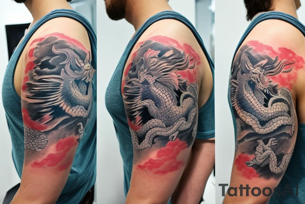 shoulder sleeve tattoo featuring an ascending Japanese dragon that is wrapped around the mountain aiguille du midi in Chamonix (see https://images.app.goo.gl/RYUNNKAjVmQKEBw89 , https://images.app.goo.gl/w6teereZoZyfaoJW6 , https://images.app.goo.gl/mpeEbDtEkAfNdV379) 
winter
trippy
dragon to be moving upwards
Black line scratch marks from feet
Wavey mountains tattoo idea
