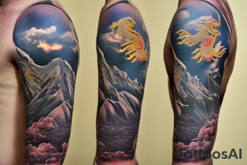 shoulder sleeve tattoo featuring an ascending Japanese dragon that is wrapped around the mountain aiguille du midi in Chamonix (see https://images.app.goo.gl/RYUNNKAjVmQKEBw89 , https://images.app.goo.gl/w6teereZoZyfaoJW6 , https://images.app.goo.gl/mpeEbDtEkAfNdV379) 
winter
trippy
dragon to be moving upwards
Black line scratch marks from feet
Wavey mountains tattoo idea