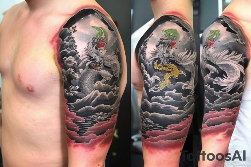 shoulder sleeve tattoo featuring an ascending Japanese dragon that is wrapped around the mountain aiguille du midi in Chamonix (see https://images.app.goo.gl/RYUNNKAjVmQKEBw89 , https://images.app.goo.gl/w6teereZoZyfaoJW6 , https://images.app.goo.gl/mpeEbDtEkAfNdV379) 
winter
trippy
dragon to be moving upwards
Black line scratch marks from feet
Wavey mountains tattoo idea