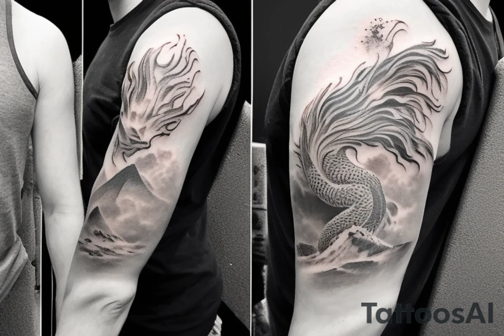 shoulder sleeve tattoo featuring an ascending Japanese dragon that is wrapped around the mountain aiguille du midi in Chamonix (see https://images.app.goo.gl/RYUNNKAjVmQKEBw89 , https://images.app.goo.gl/w6teereZoZyfaoJW6 , https://images.app.goo.gl/mpeEbDtEkAfNdV379) 
winter
trippy
dragon to be moving upwards
Black line scratch marks from feet
Wavey mountains tattoo idea