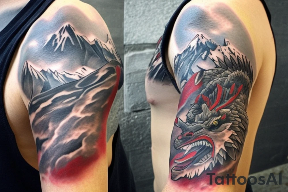 shoulder sleeve tattoo featuring an ascending Japanese dragon that is wrapped around the mountain aiguille du midi in Chamonix (see https://images.app.goo.gl/RYUNNKAjVmQKEBw89 , https://images.app.goo.gl/w6teereZoZyfaoJW6 , https://images.app.goo.gl/mpeEbDtEkAfNdV379) 
winter
trippy
dragon to be moving upwards
Black line scratch marks from feet
Wavey mountains tattoo idea